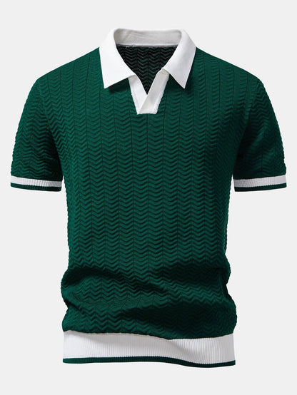 Texture Contrast Knitted V Neck Polo Shirt & Cotton Chino Shorts
