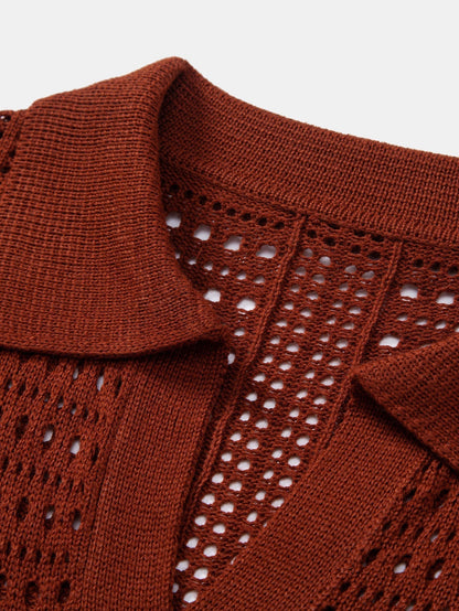 Crochet  V Neck Polo Shirt & Straight Leg Linen Pants