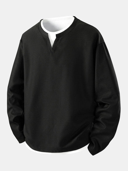 Relax Fit Long Sleeve 2 In 1 Waffle T-Shirt & Single Pleat Drawstring Straight Leg Pants