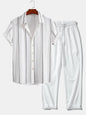 Geometric Striped Jacquard Button Up Shirt & Crinkle Textured Straight Leg Pants