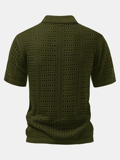 Crochet  V Neck Polo Shirt & Straight Leg Linen Pants