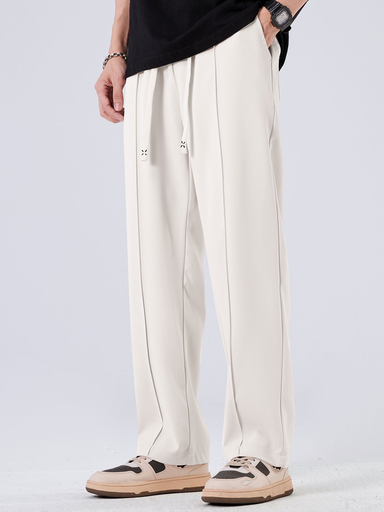 Relax Fit Long Sleeve 2 In 1 Waffle T-Shirt & Single Pleat Drawstring Straight Leg Pants