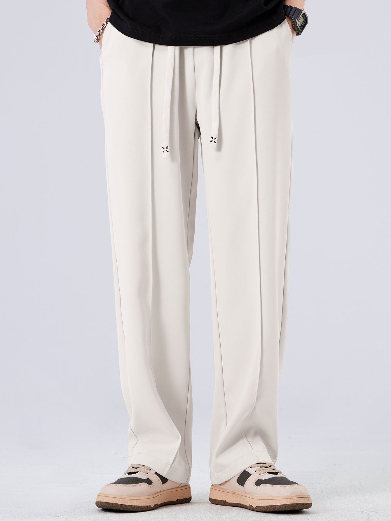 Relax Fit Long Sleeve 2 In 1 Waffle T-Shirt & Single Pleat Drawstring Straight Leg Pants