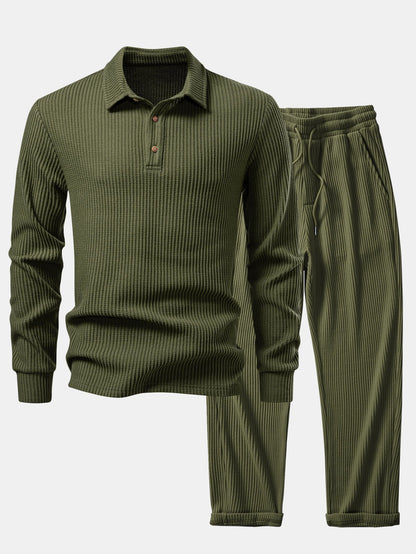 Long Sleeved Knitted Waffle Polo Shirt & Drawstring Knitted Waffle Pants